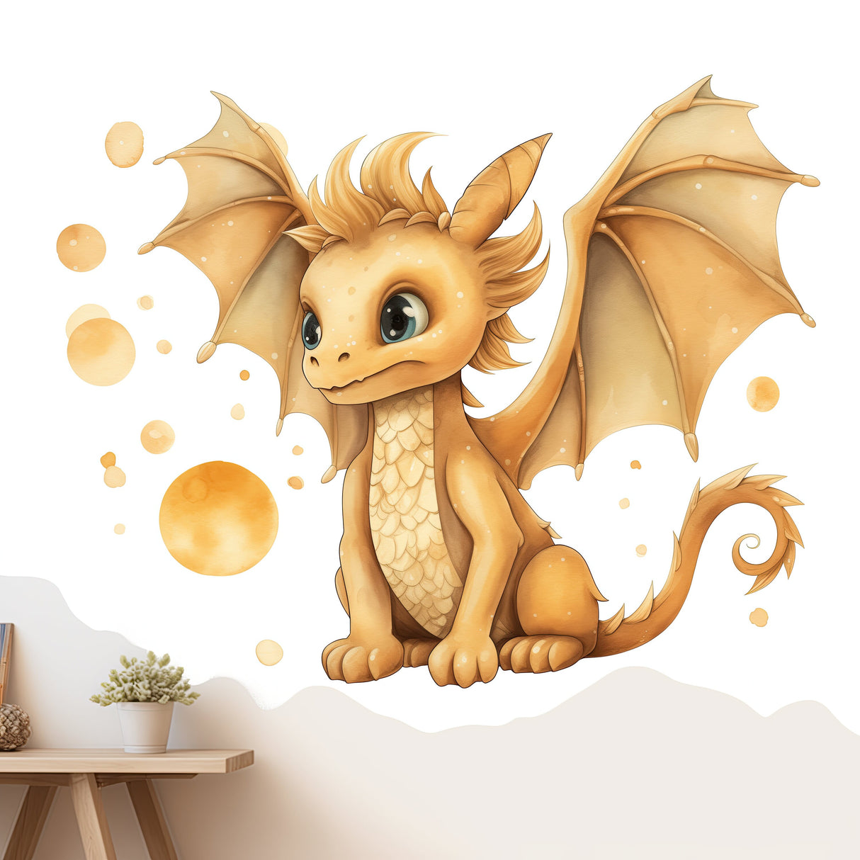 Enchanted Gold Dragon Wall Decal - Whimsical Baby Dragon Sticker Mural