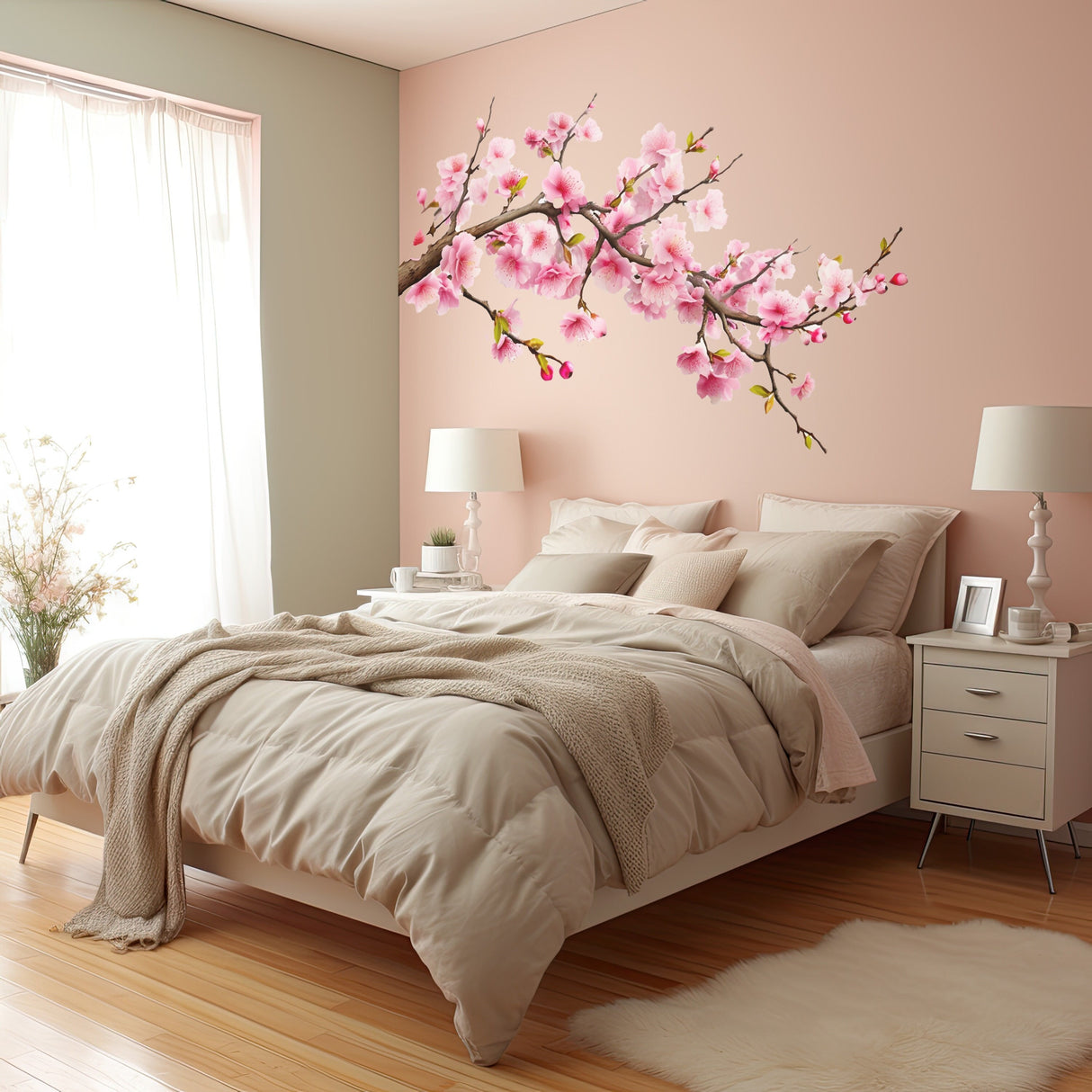 Cherry Blossom Corner Tree Wall Decal - Nursery Vinyl Sticker with Blossoms Pink Flowers Stickers