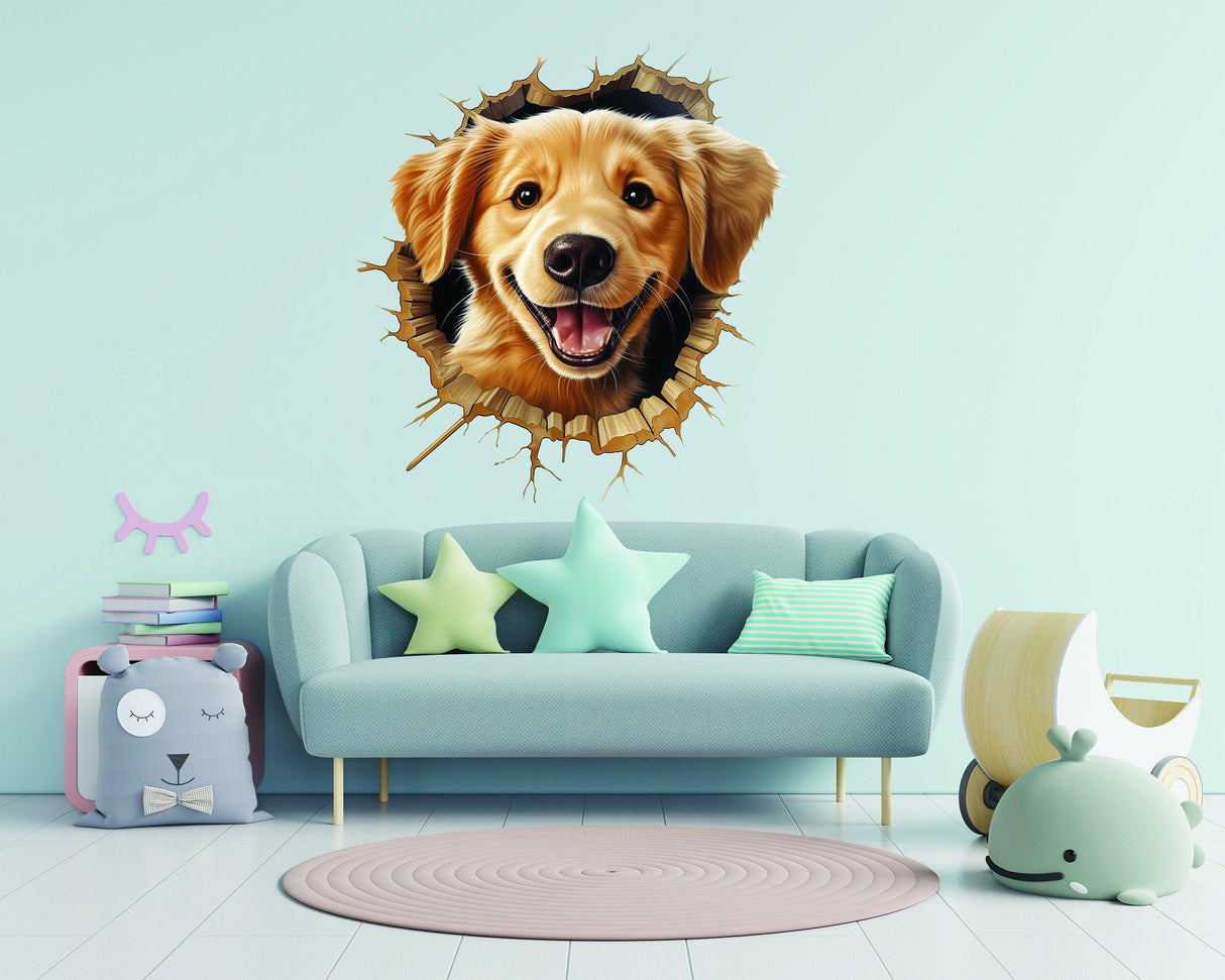 3D Cute Puppy Wall Sticker - Nursery Room Decor with Broken Dog Illusion Effect