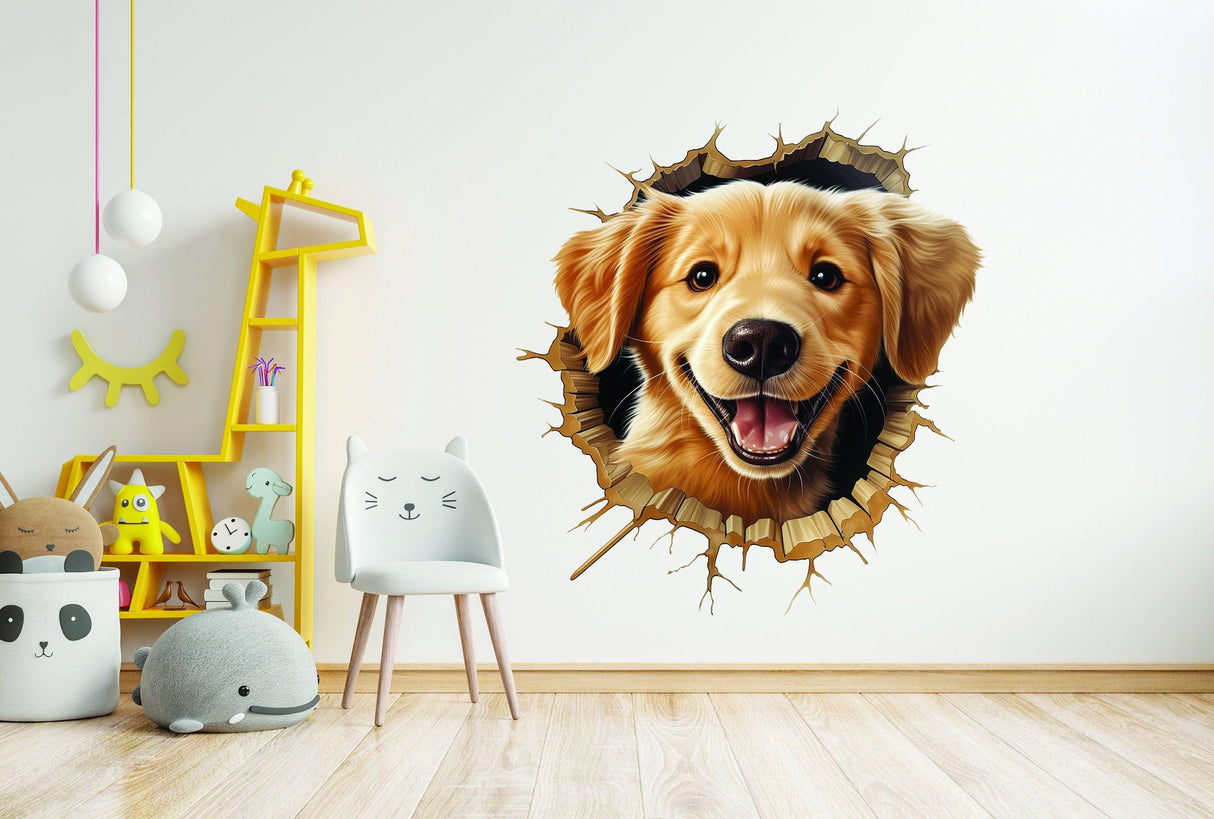 3D Cute Puppy Wall Sticker - Nursery Room Decor with Broken Dog Illusion Effect