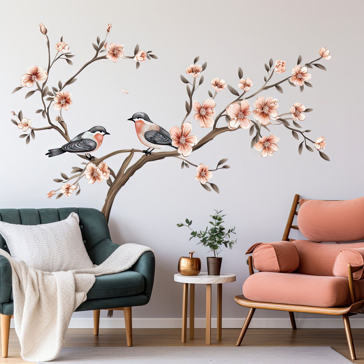 Tree with Blossom Flowers and Birds Wall Sticker - Elegant Vinyl Decor for Living Room