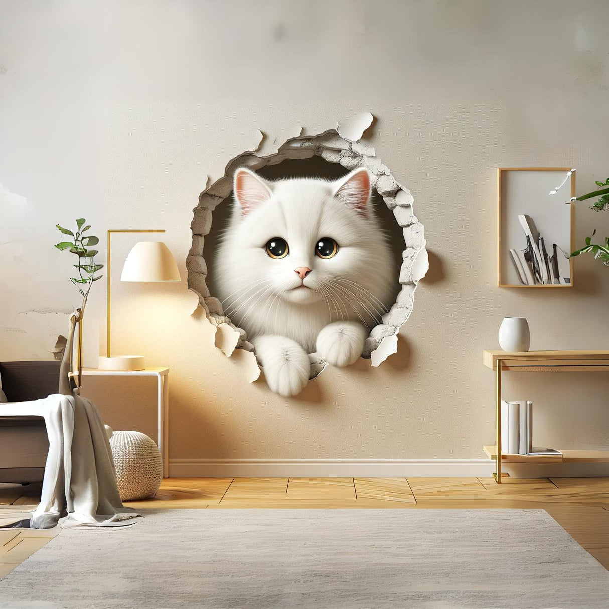 3D Cute White Cat Wall Sticker - Nursery Decor with Charming Kitty Illusion