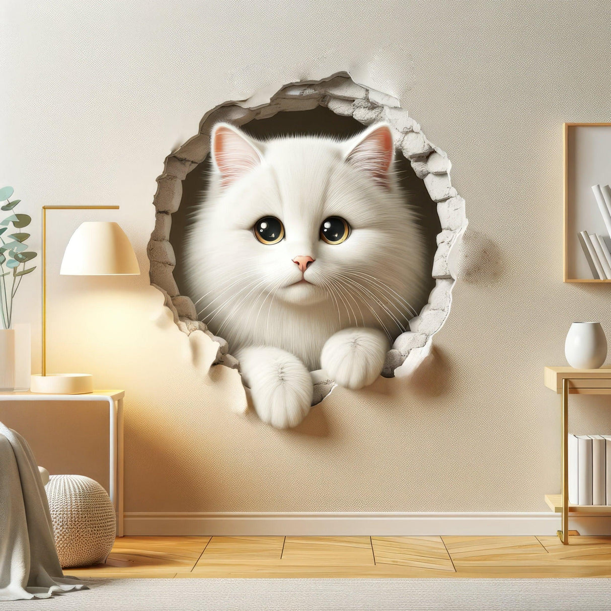 3D Cute White Cat Wall Sticker - Nursery Decor with Charming Kitty Illusion - Decords