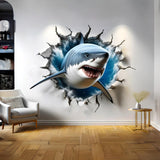 3D Great White Shark Wall Sticker - Realistic Shark Bursting Through Wall Decal