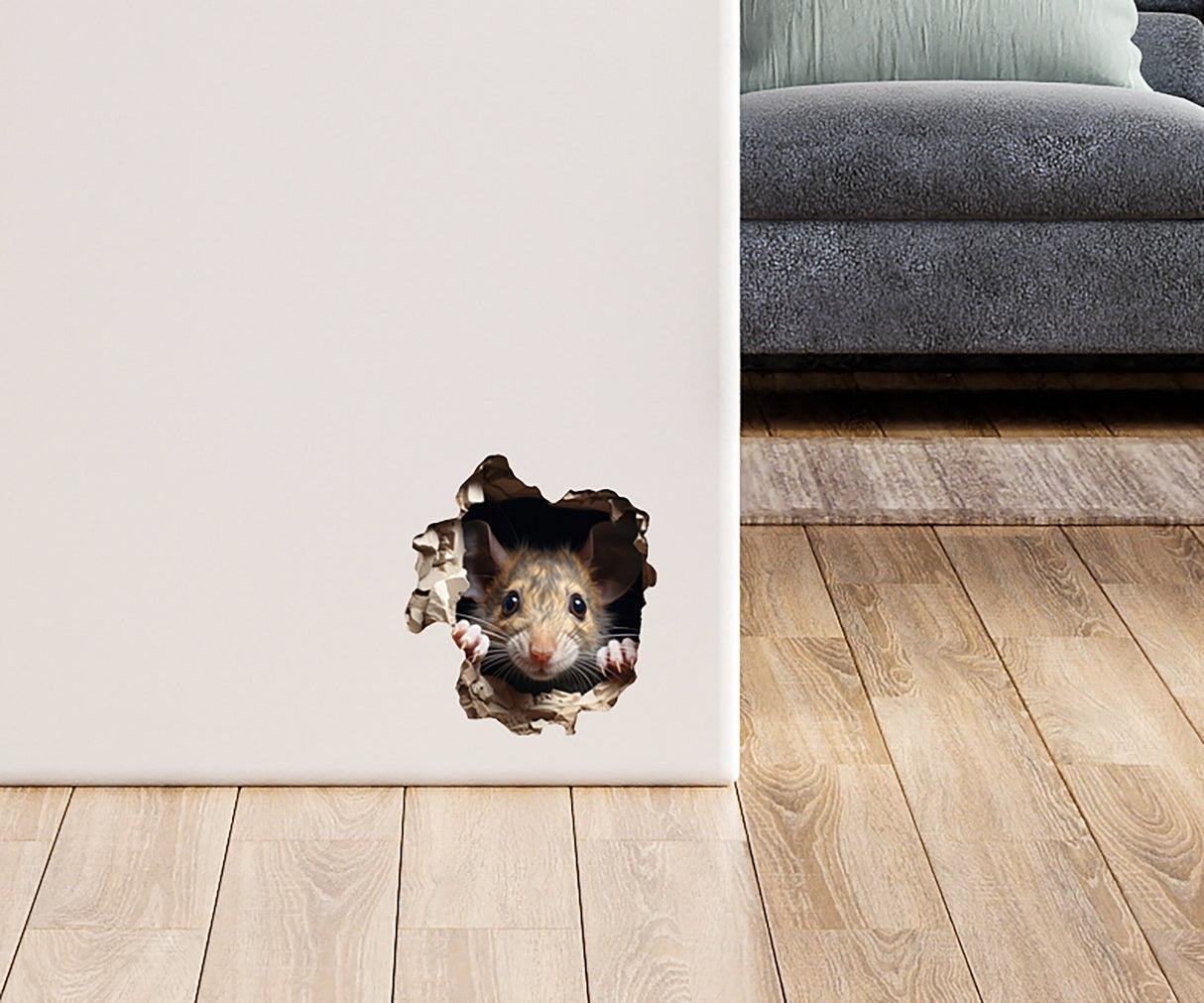 Hiireaugu 3D-seinakleebis – elutruu pruun hiir, kes piilub hiireaugust välja, naljaka toakaunistuse kleebis – uudishimuliku hiire mööbli kleebis