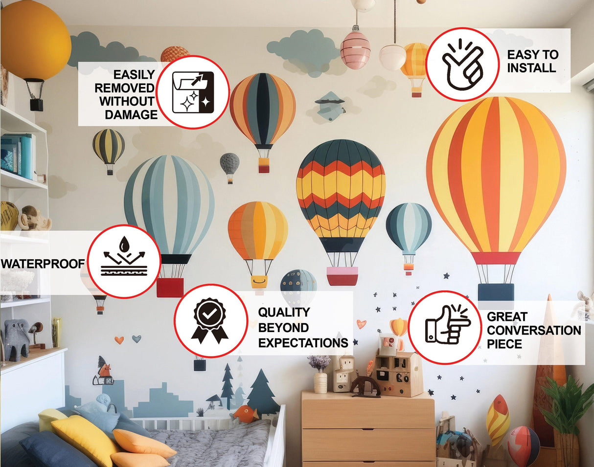 Hot Air Balloons Wall Stickers - Playful Skyward Decor Decals for Kids' Room - Decords