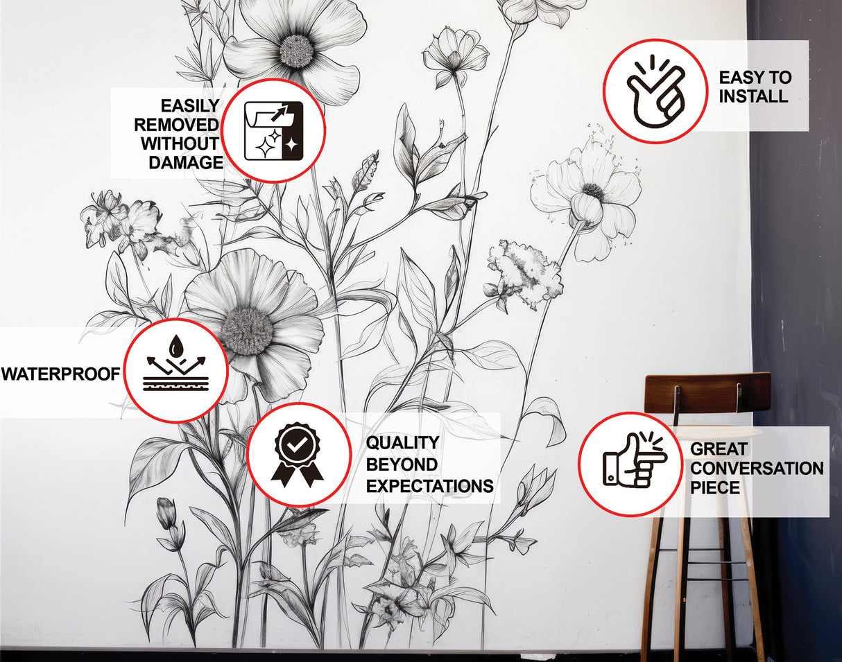 Elegantne ühevärviline botaaniline seinakleebis – must detailne lille- ja lehestikuillustratsiooni kleebis keeruka sisekujunduse jaoks