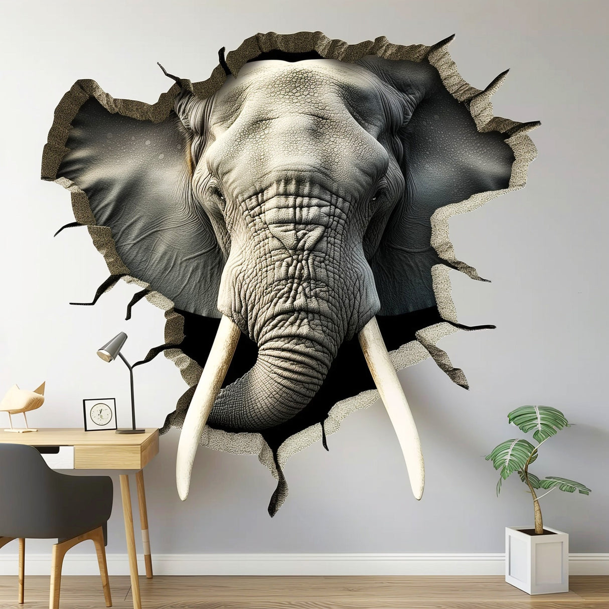 3D Elephant Wall Decal - Realistic Broken Hole Illusion Vinyl Sticker