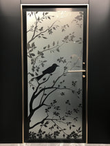 Elegant Frosted Black Tree Silhouette Decal for Glass Doors or Windows - Privacy Frosting Film with Etched Branch and Bird Sticker Design