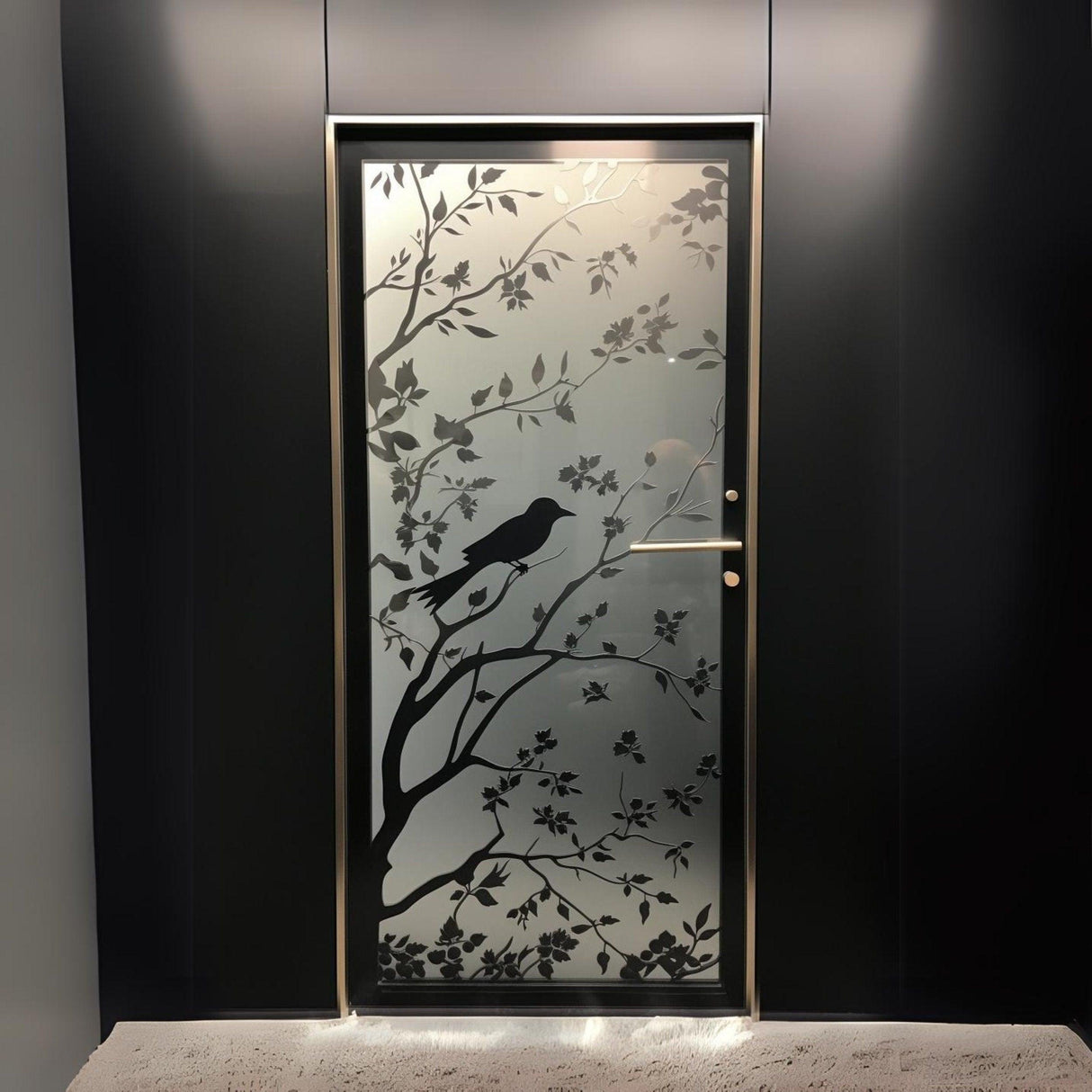 Elegant Frosted Black Tree Silhouette Decal for Glass Doors or Windows - Privacy Frosting Film with Etched Branch and Bird Sticker Design