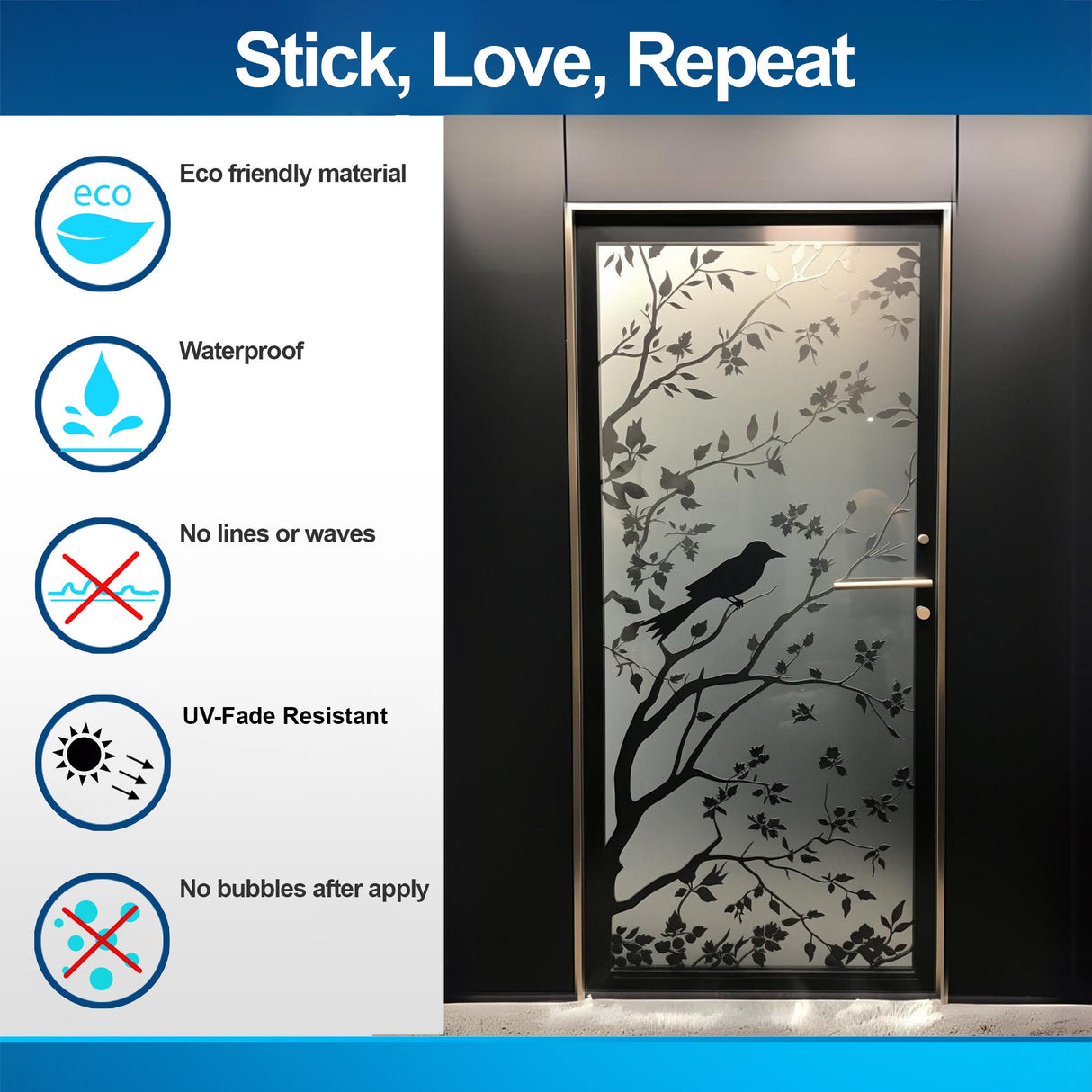 Elegant Frosted Black Tree Silhouette Decal for Glass Doors or Windows - Privacy Frosting Film with Etched Branch and Bird Sticker Design
