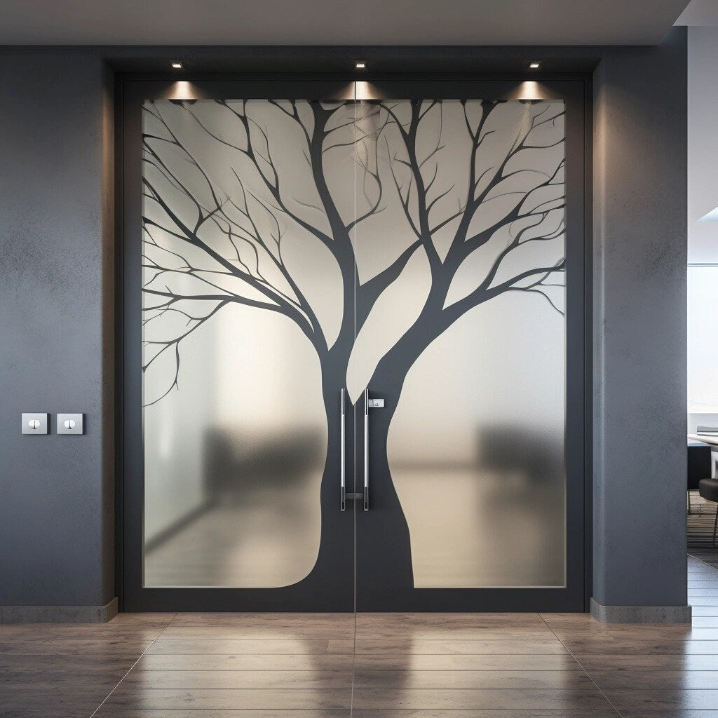 Frosted Black Tree Silhouette Decal for Glass Door - Contemporary Privacy Frosting Sticker Film with Etched Leafless Tree Design for Window