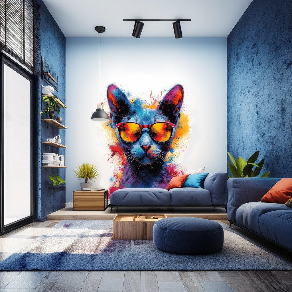 Colorful Watercolor Cat in Glasses Wall Decal - Vibrant Kitten Room Sticker Decor