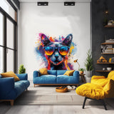 Cat with Sunglasses Wall Decal - Dynamic Watercolor Kitten Art Sticker for Modern Room Decor