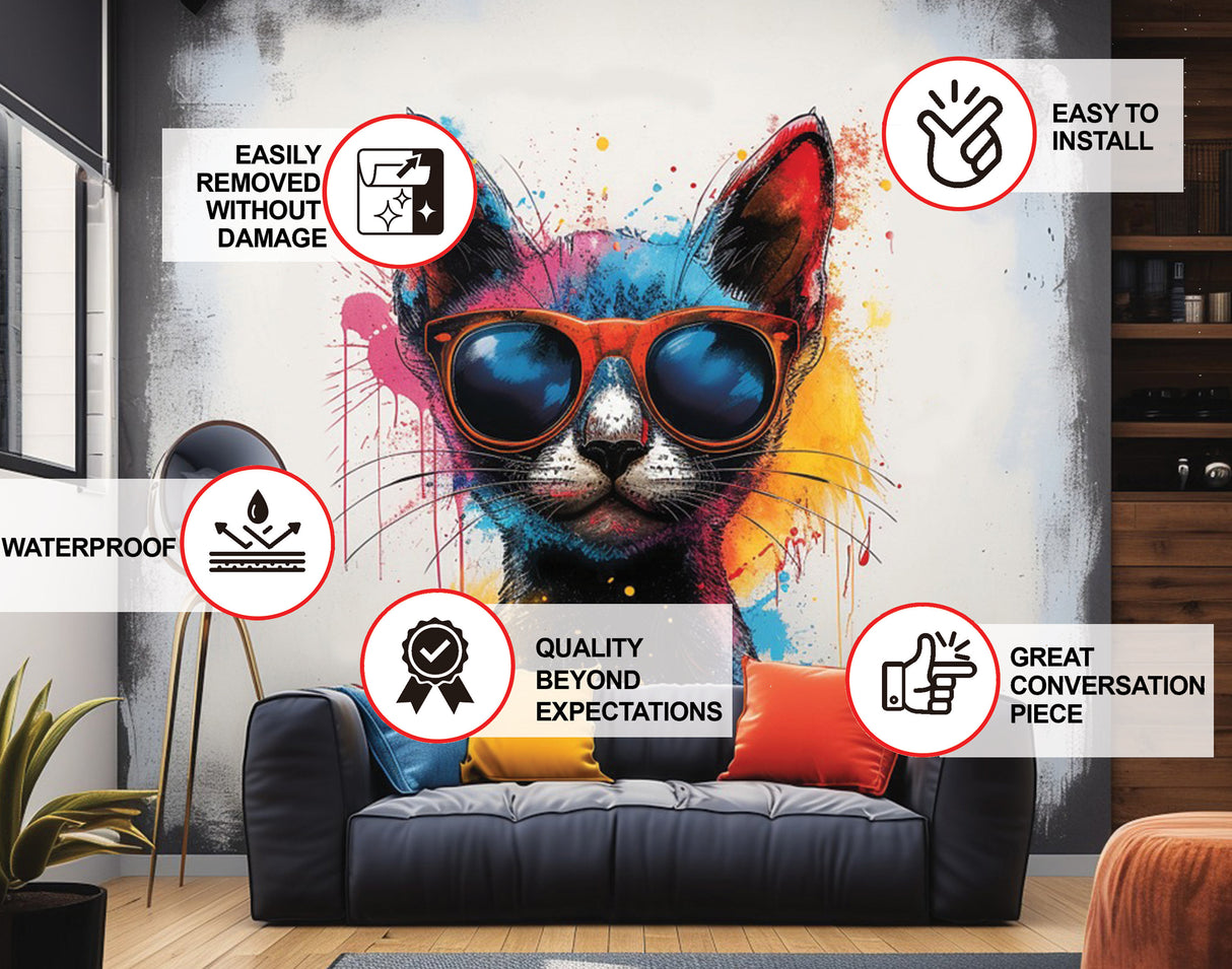 Chic Cat in Sunglasses Wall Sticker - Lively Watercolor Feline Kitten Decal for Home Decor