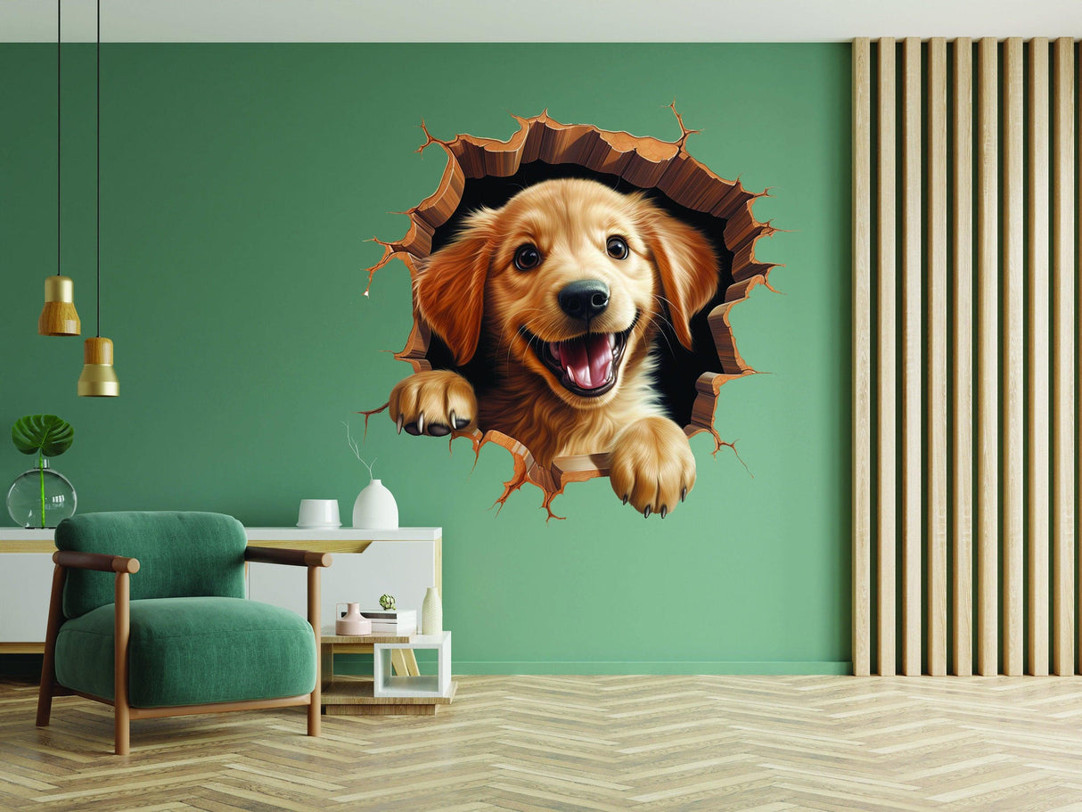 3D Dog Art Wall Sticker - Cracked Illusion Vinyl Decor - Decords