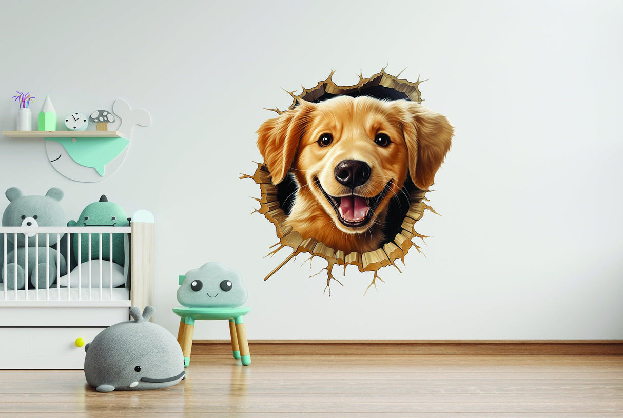 3D Cute Puppy Wall Sticker - Nursery Room Decor with Broken Dog Illusion Effect