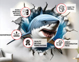3D Great White Shark Wall Sticker - Realistic Shark Bursting Through Wall Decal