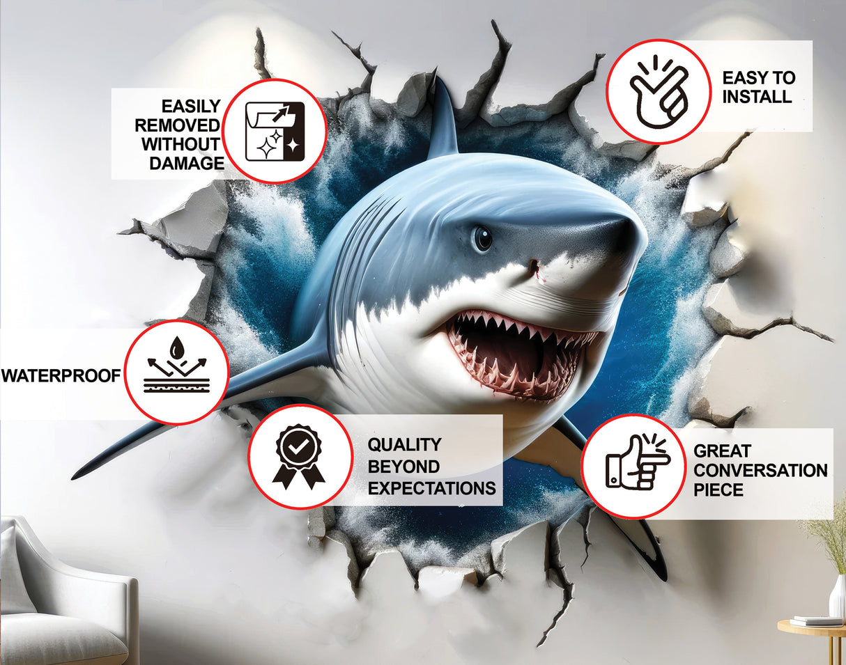 3D suur valgehai seinakleebis – realistlik läbi seina lõhkev hai kleebis