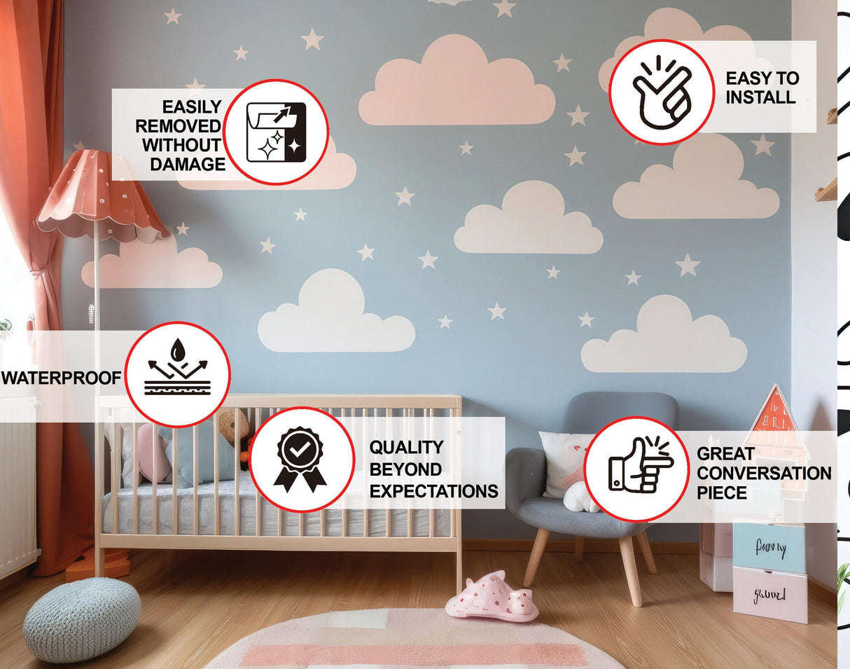 Serene Sky Themed Wall Stickers for Nursery - Dreamy Clouds and White Stars Decals for Kids Room - Decords