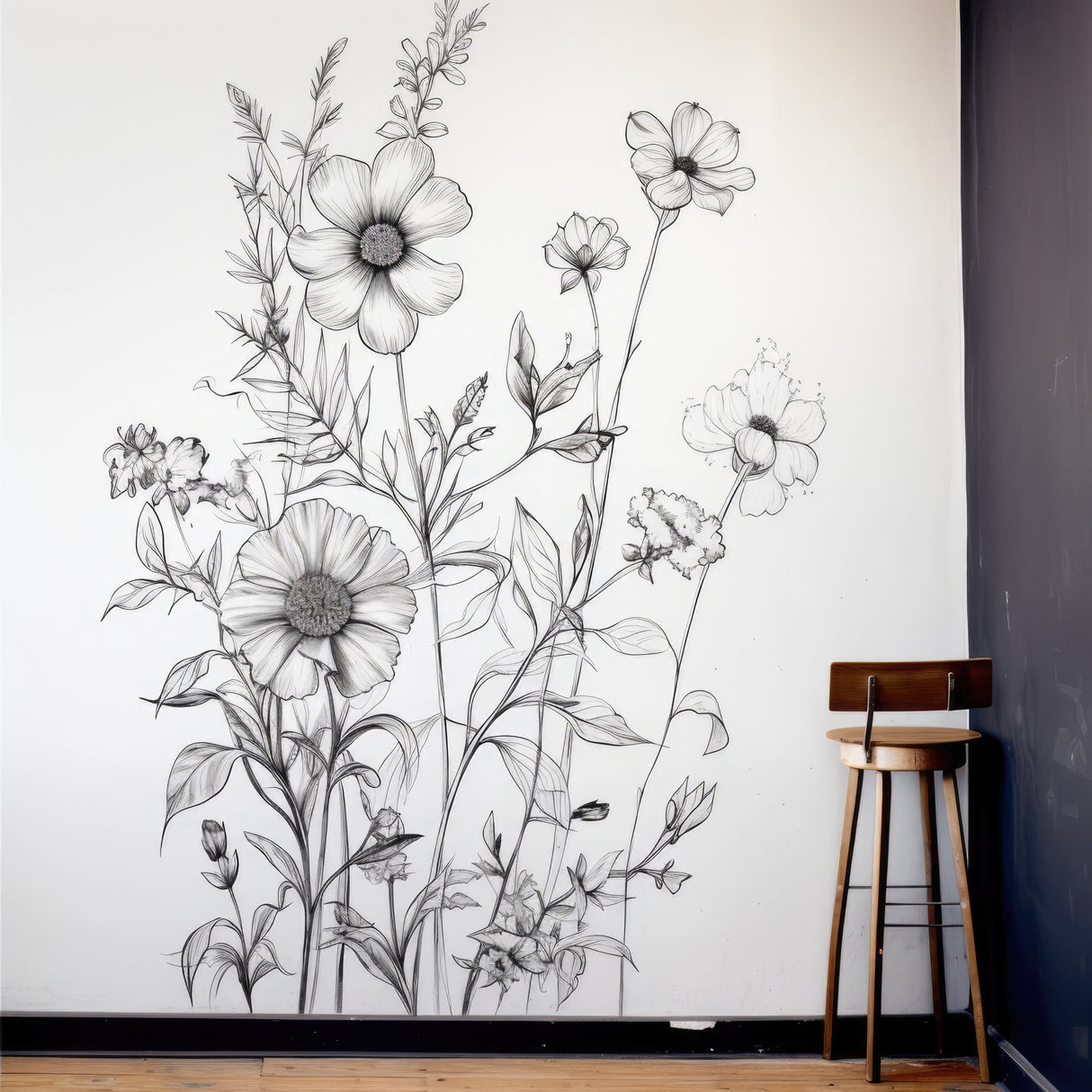 Elegant Monochrome Botanical Wall Sticker - Black Detailed Floral and Foliage Illustration Decal for Sophisticated Decor