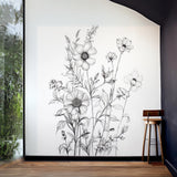 Elegantne ühevärviline botaaniline seinakleebis – must detailne lille- ja lehestikuillustratsiooni kleebis keeruka sisekujunduse jaoks