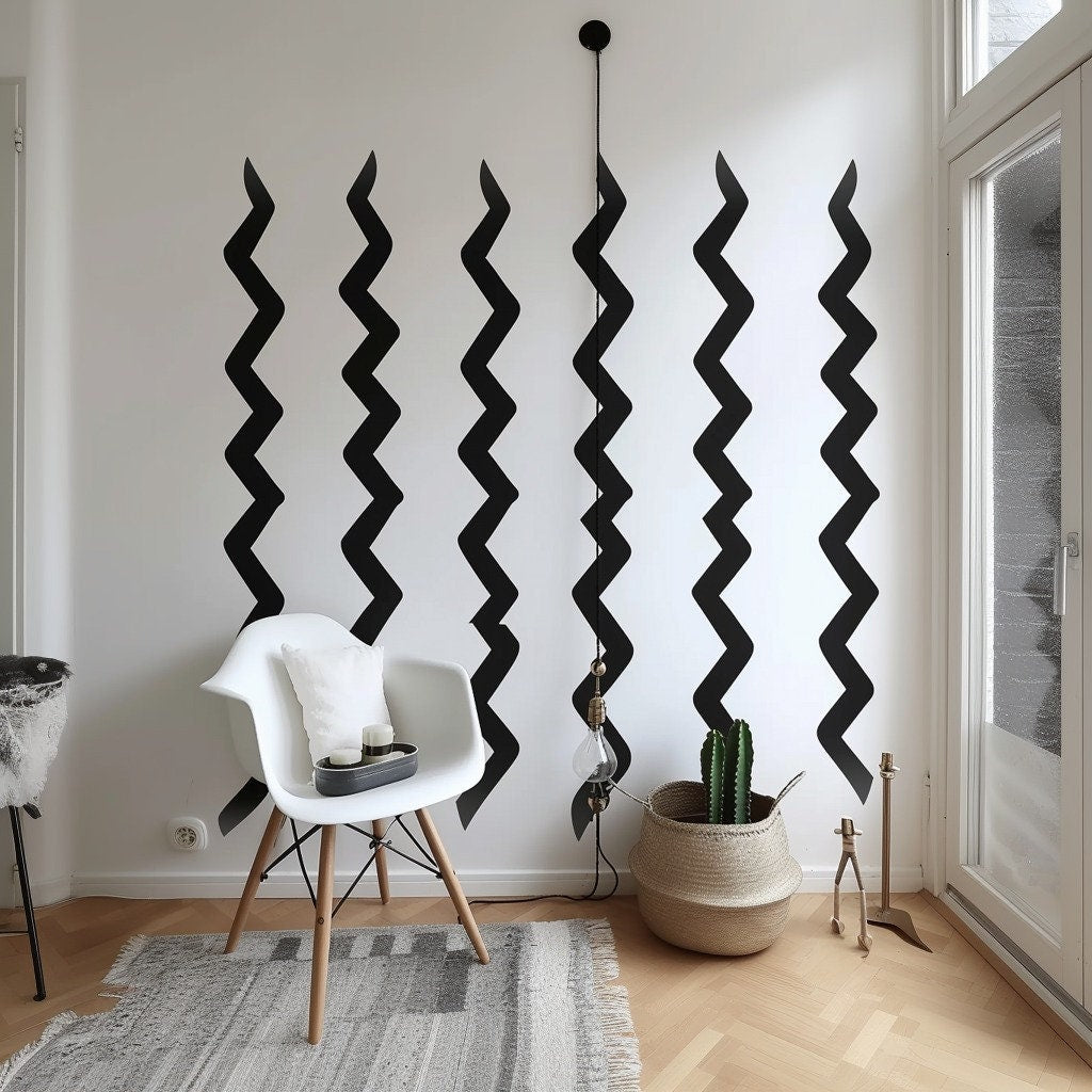 Modern Black Zigzag Wall Stickers - Vertical Patterns Vinyl Stickers for Contemporary Room Decor