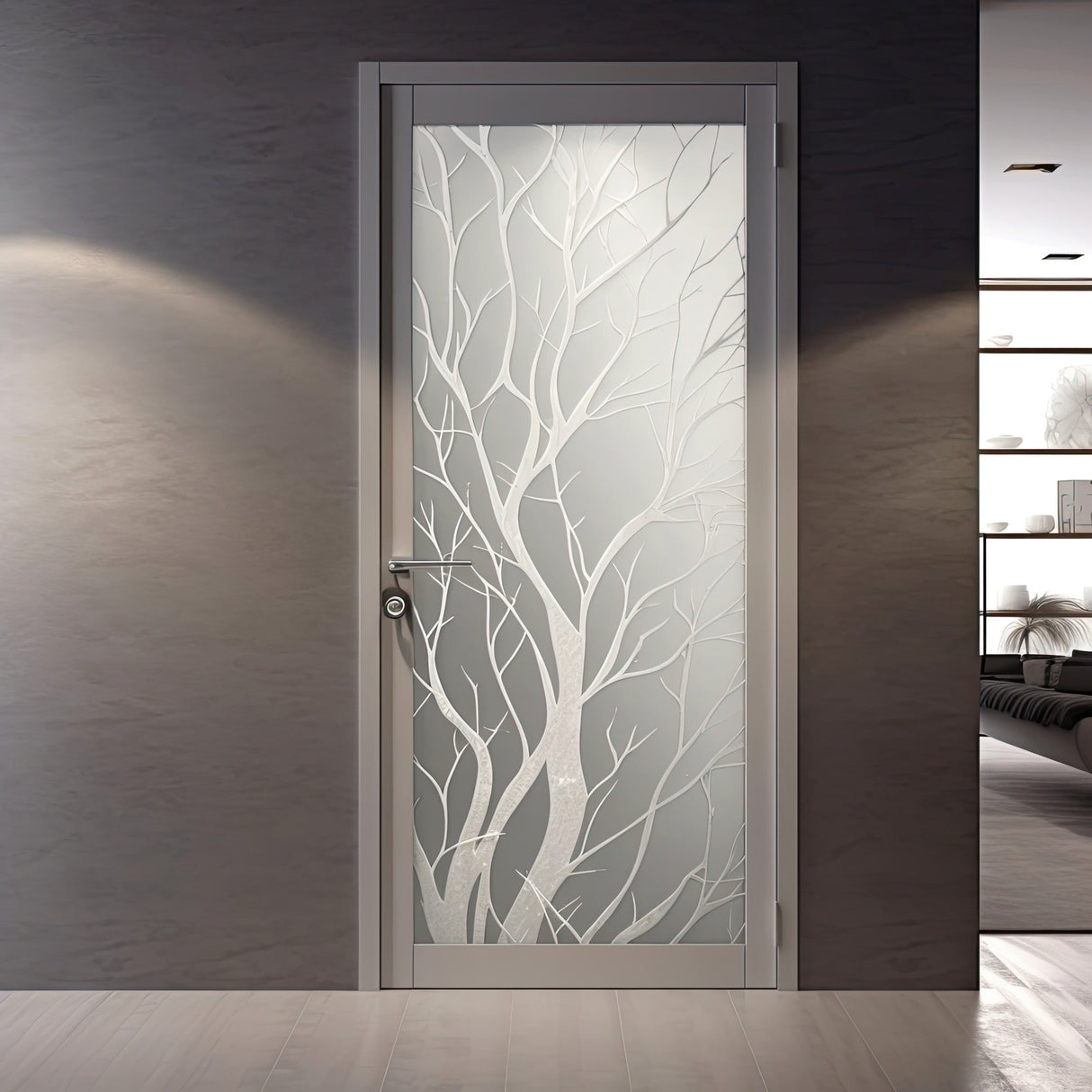 Frosted White Tree Silhouette Decal for Glass Door - Elegant Etched Branch Sticker Design for Window
