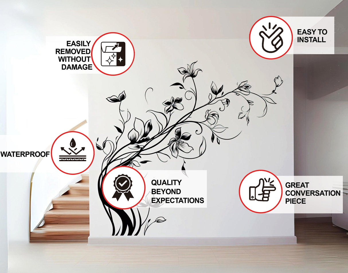 Elegant Flowers Wall Decals - Nature Vinyl Stickers Set for Living Room - Decords