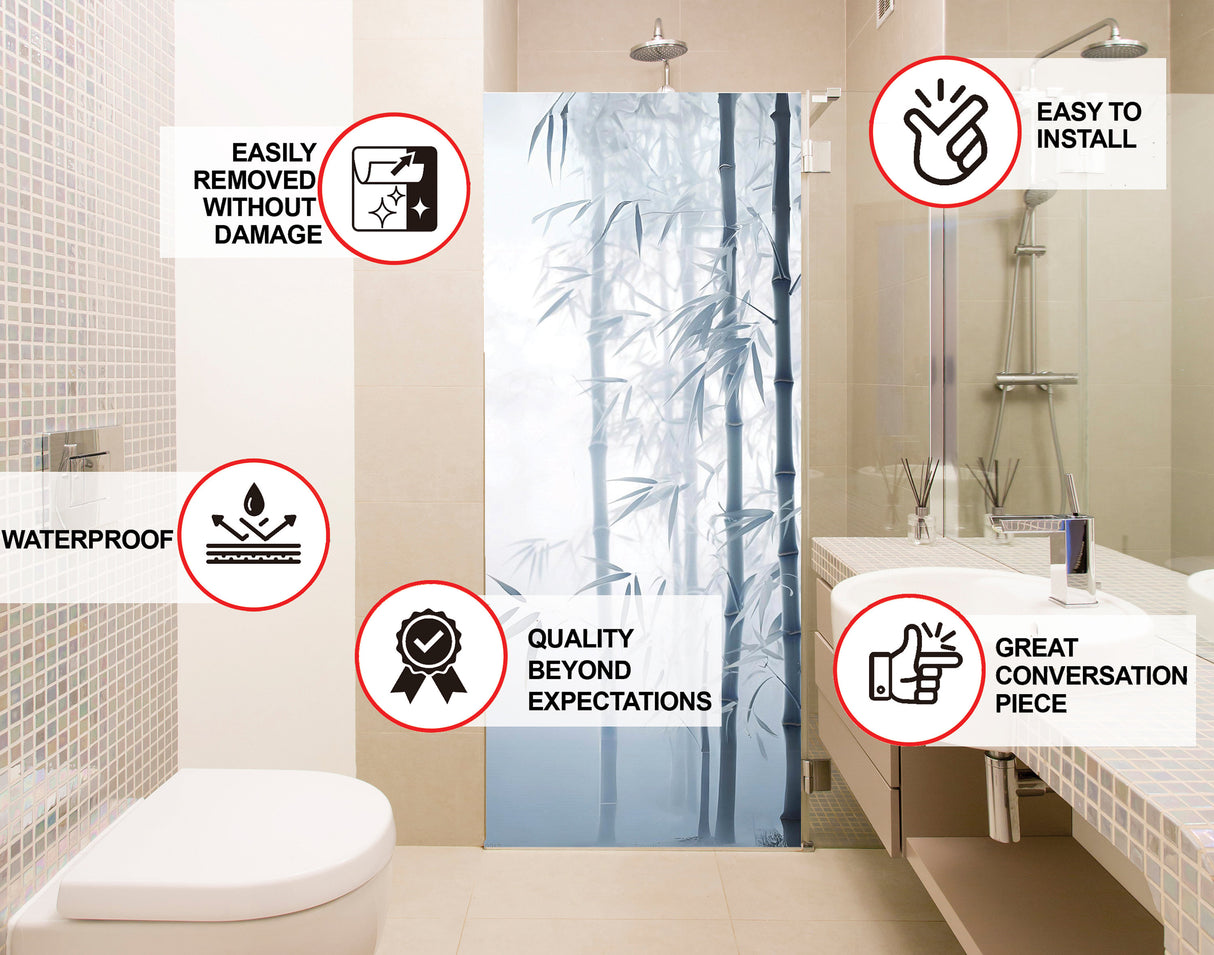 Tranquil Bamboo Forest Shower Glass Door Sticker - Ethereal Misty Reed Decal for Bathroom Privacy - White Blurry Foggy Cane Plants