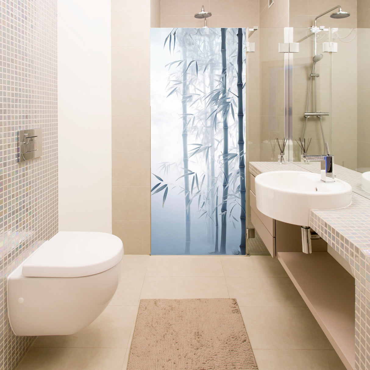 Tranquil Bamboo Forest Shower Glass Door Sticker - Ethereal Misty Reed Decal for Bathroom Privacy - White Blurry Foggy Cane Plants