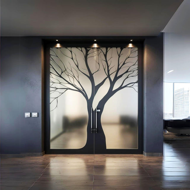 Frosted Black Tree Silhouette Decal for Glass Door - Contemporary Privacy Frosting Sticker Film with Etched Leafless Tree Design for Window - Decords