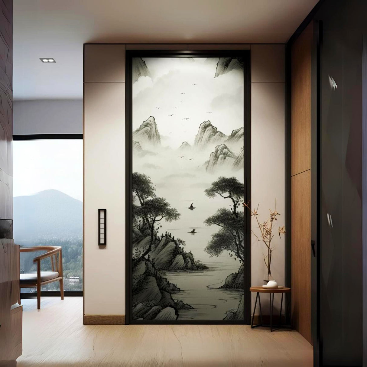 Kaasaegne suitsuse klaasiga uksekleebis – abstraktne gradient läbipaistvast klaasist seinakleebis privaatsuse ja sisekujunduse jaoks