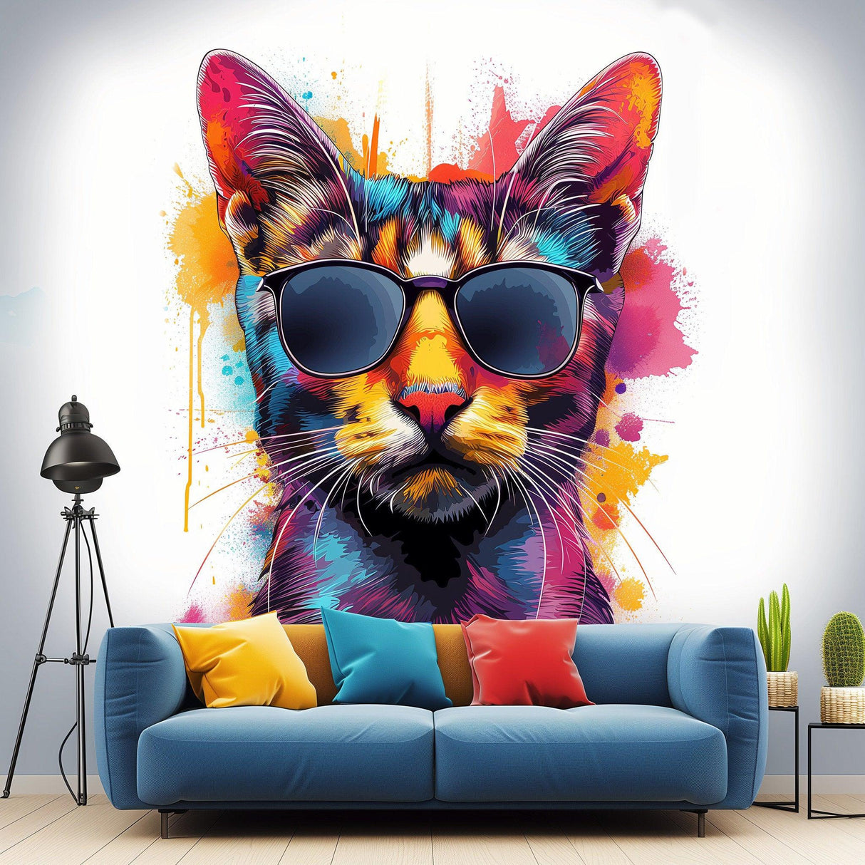 Watercolor Cat with Sunglasses Wall Decal - Playful Feline Cute Kitten Art Decal