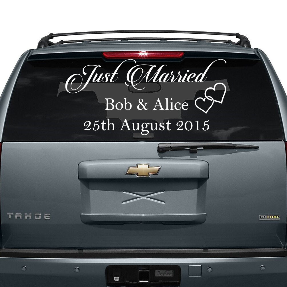 Just Married Car Vinyl Wedding Sticker - Custom Name Day Window Glass Personalized Vehicle Decal