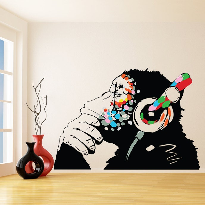 Banksy Stickers Monkey Headphones - Banksy Graffiti Wall Decal
